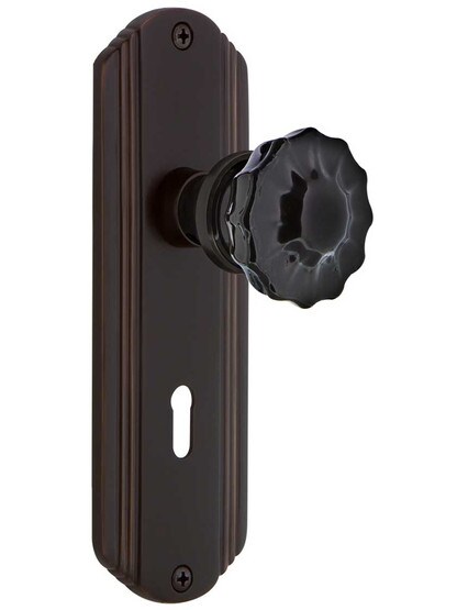 Streamline Deco Mortise Lock Set with Colored Fluted Crystal Glass Knobs Black in Timeless Bronze.